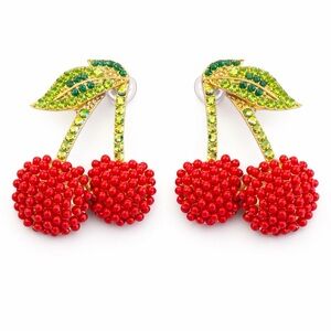 Cherry Rhinestone Statement Red Beaded‎ Fruit Drop Earrings Gold Tone